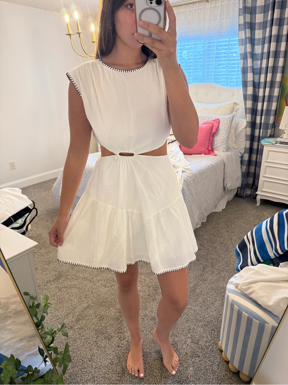 White Cutout Tiered Mini Dress with Contrast Trim